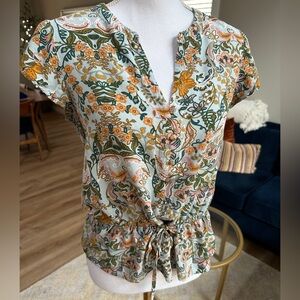 DR2 boho multi color floral shot sleeve tie waist pullover top